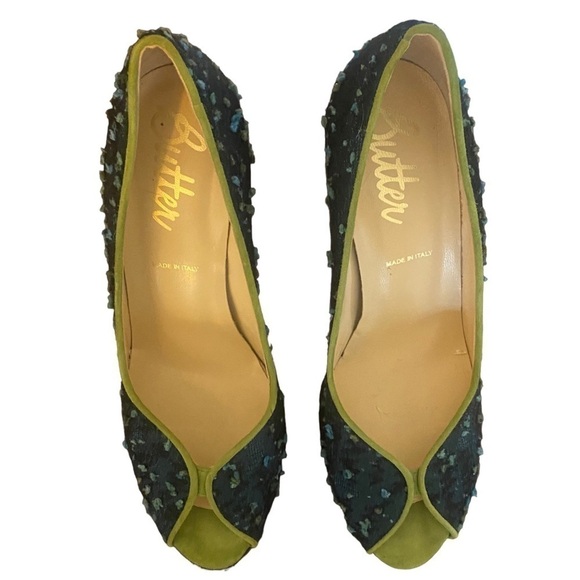 Butter green suede blue fabric peep toe heels Size 8 - Picture 6 of 9